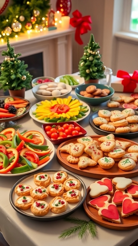 A vibrant display of quick Christmas party food including appetizers and desserts on a decorated table.